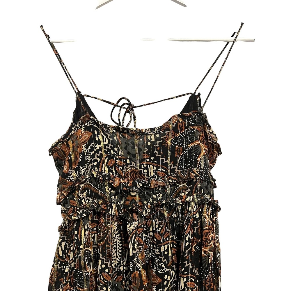 ZARA Maxi Dress Womens XS Black Brown Gold Metallic Paisley Boho Ruffle Tassel - Picture 7 of 10